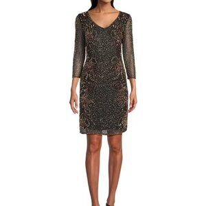 NWT Pisarro Nights V-Neck Floral Beaded 3/4 Sleeve Dress in Black Size 6